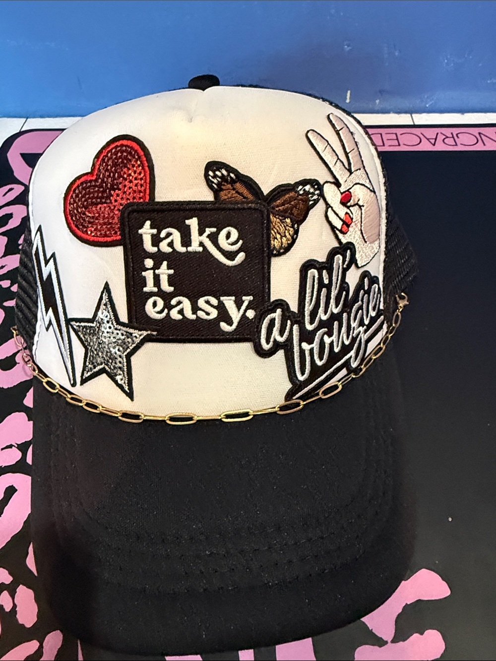 Take It Easy Black & White Patch Trucker Hat